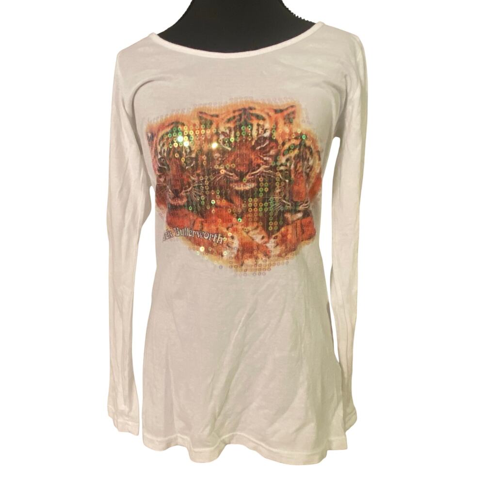 POL Rick Butterworth Tiger Sequin Graphic Long Sleeve Top Med Art to Wear L-31